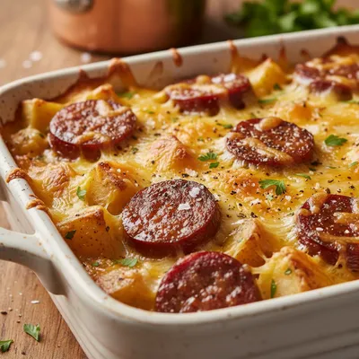 Beef Sausage Cheesy Potato Casserole