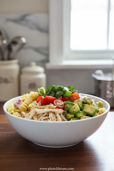 Chicken Pasta Salad with Avocado, Tomato, and Basil