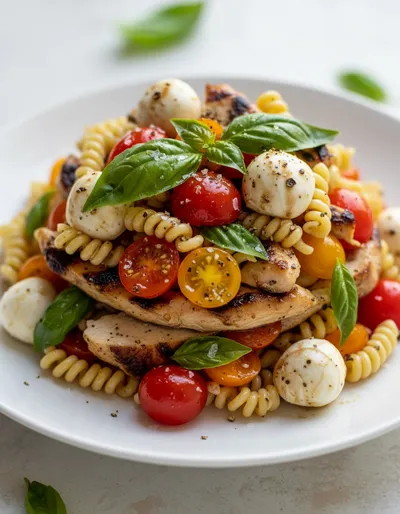 Layered Grilled Chicken Caprese Pasta Salad