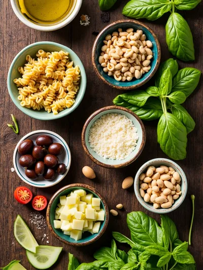 Mediterraner Nudelsalat Mit Pesto - ingredients preparation