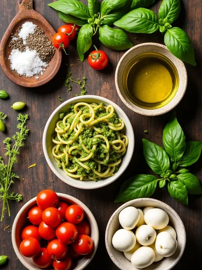Pesto Pasta Salad with Tomatoes & Mozzarella - ingredients preparation