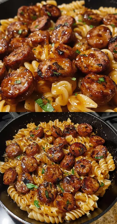 Sticky Honey Garlic Beef Sausage Pasta Skillet