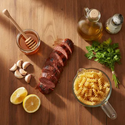 Sticky Honey Garlic Beef Sausage Pasta Skillet - cooking process