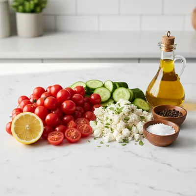 Tomato Cucumber Feta Salad – Fresh Healthy Meal - ingredients preparation