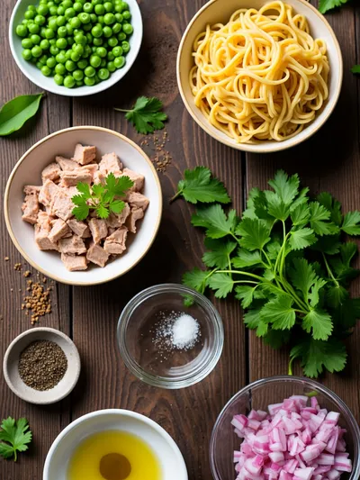 Tuna Pasta Salad with Peas (Healthy Cold Dish) - ingredients preparation